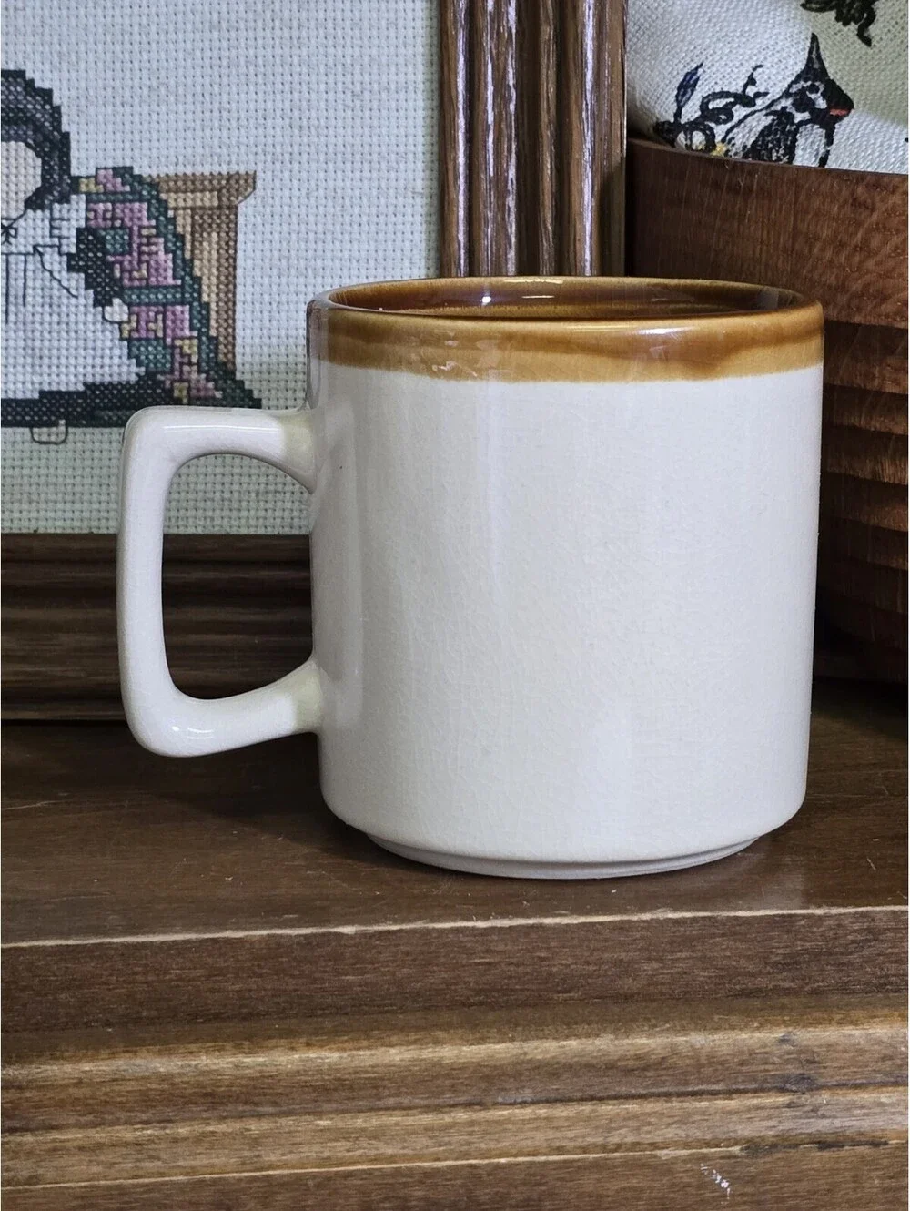 Vintage MOM Mug Retro Brown Tan Ceramic Coffee Cup Smoking Mountains